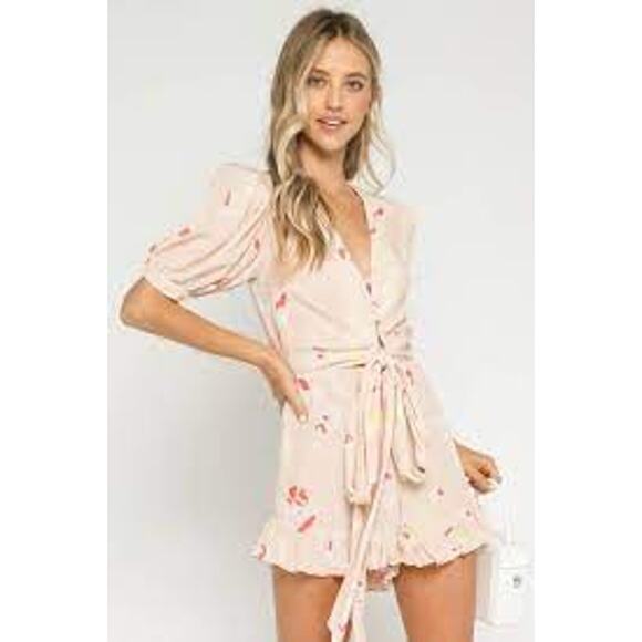 Olivaceous Small S Light Pink Floral Sassy and Sweet Romper Tie Waist Peach - Picture 11 of 12